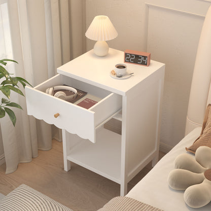 Nightstand With Drawer And Open Shelf, Scalloped Edge Bedside Table - The Sleep Loft - Online Mattress Showroom NYC