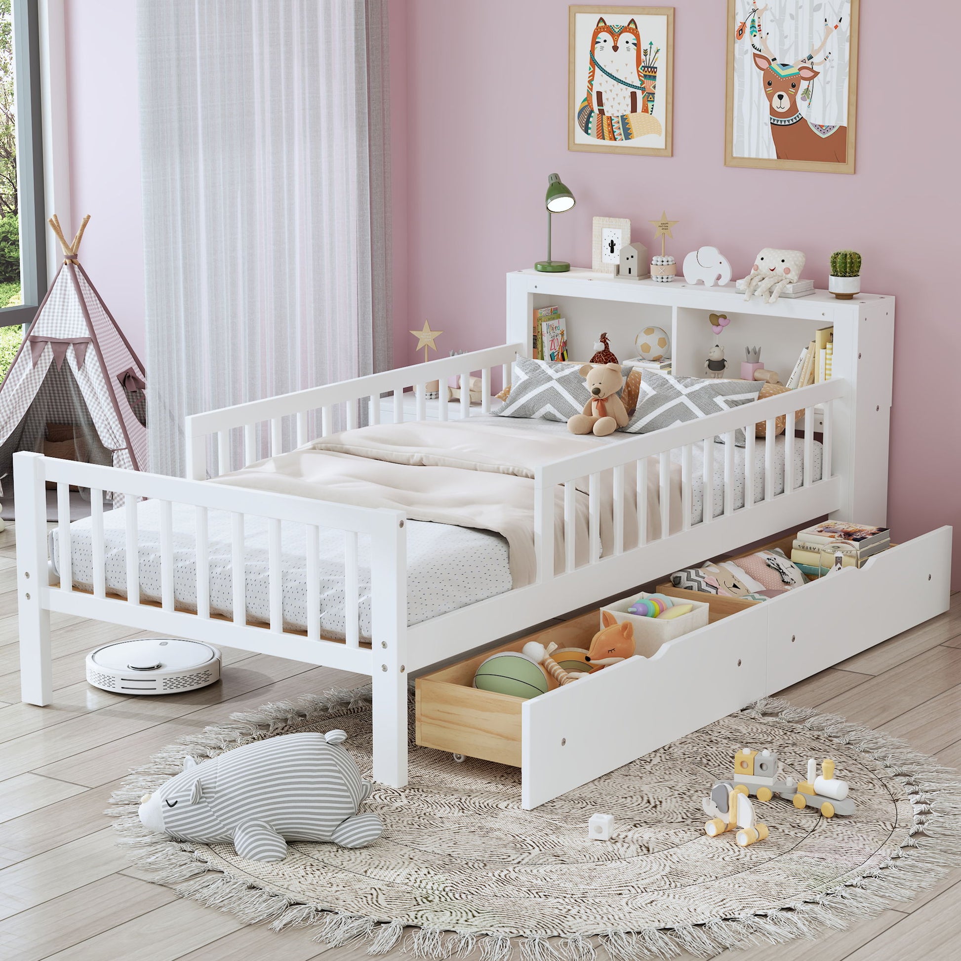 Bed With Headboard Storage Rack, 2 Under Bed Drawers, 3 Side Guardrails For Safety - The Sleep Loft - Online Mattress Showroom NYC