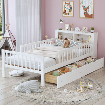 Bed With Headboard Storage Rack, 2 Under Bed Drawers, 3 Side Guardrails For Safety - The Sleep Loft - Online Mattress Showroom NYC