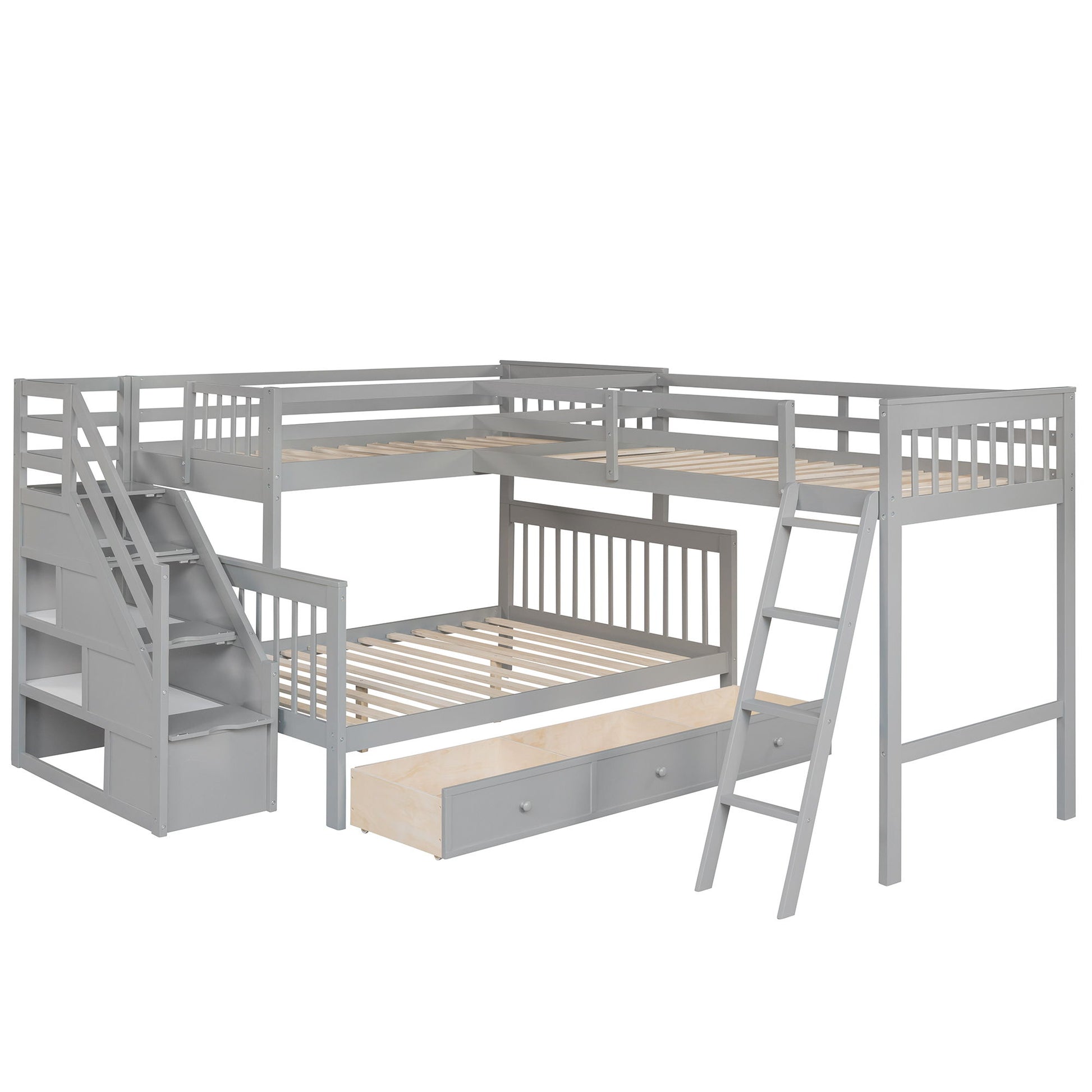 Solid L Shaped Bunk Bed With 3 Drawers, Ladder And Staircase - The Sleep Loft - Online Mattress Showroom NYC