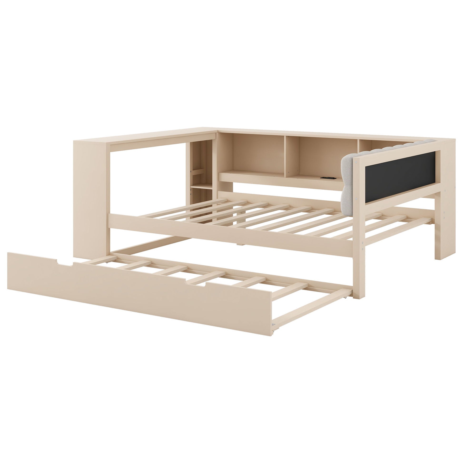 Upholstered Headboard Platform Bed With Storage Shelves, Trundle, Charging Station - The Sleep Loft - Online Mattress Showroom NYC