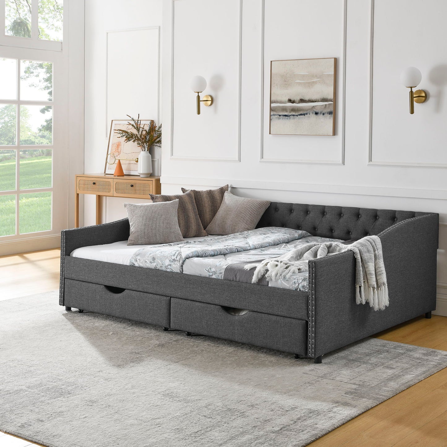 Upholstered Tufted Daybed With 2 Drawers, Waved Arms - The Sleep Loft - Online Mattress Showroom NYC