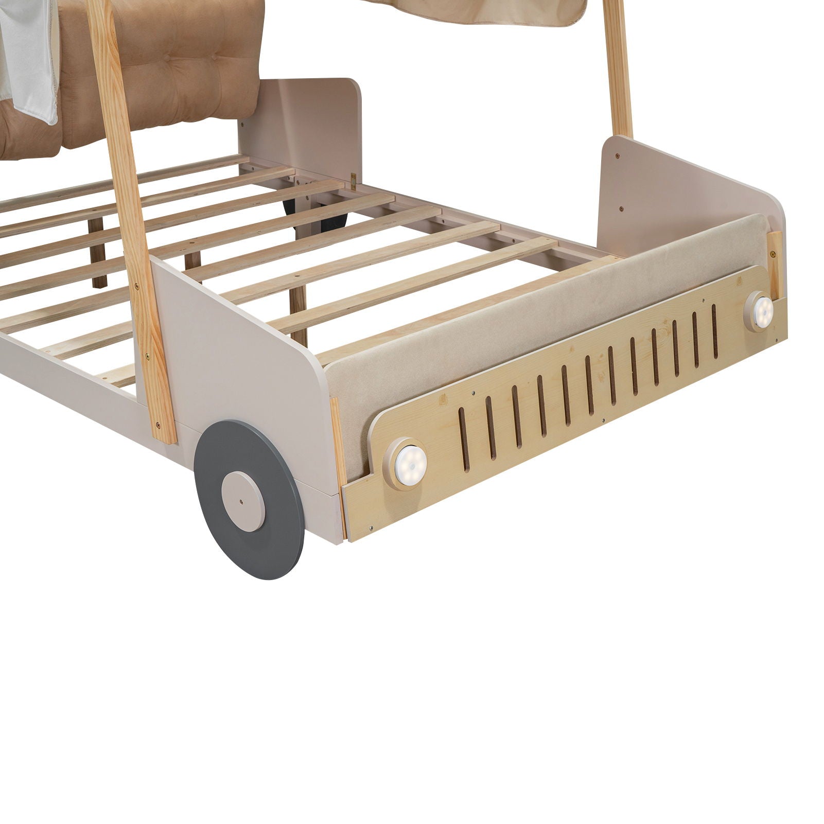 Twin Size Car Bed & Pillow, Ceiling Cloth And LED - Natural - The Sleep Loft - Online Mattress Showroom NYC