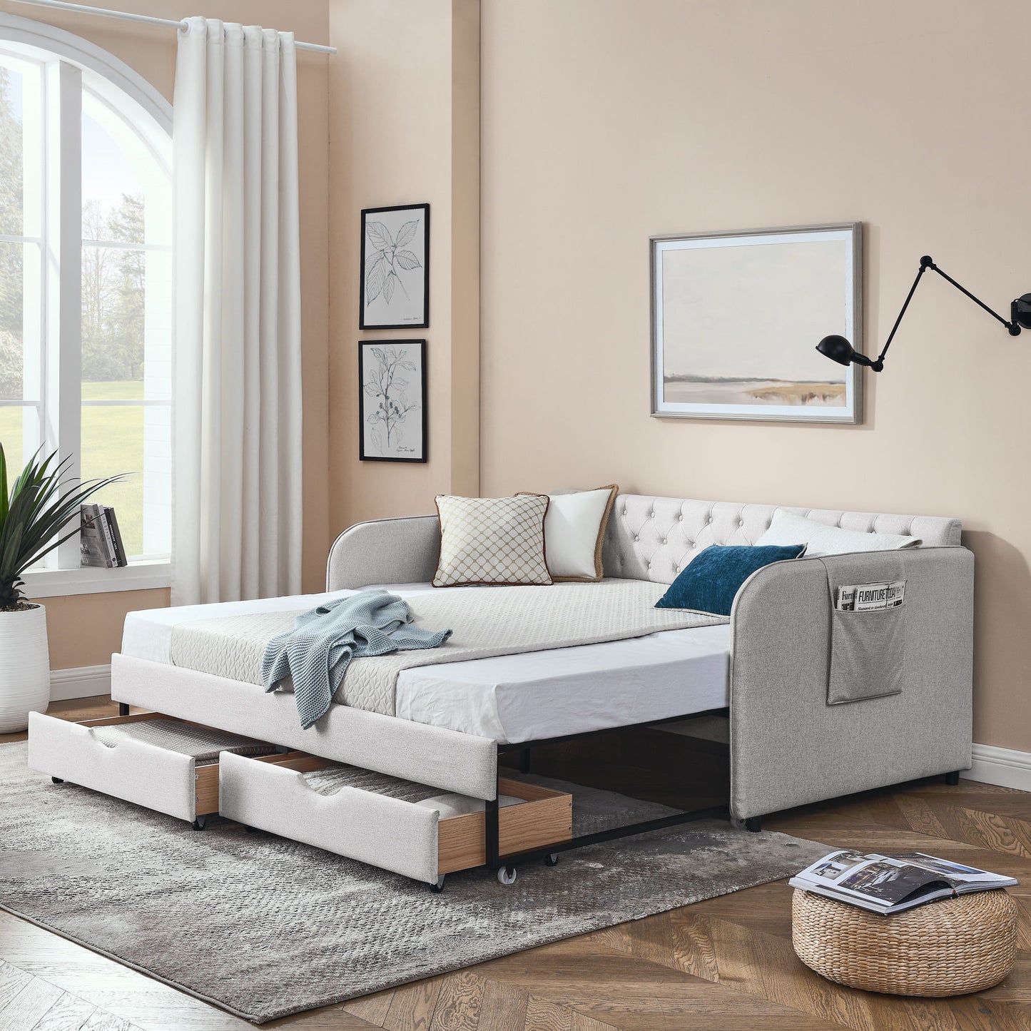 Daybed With Trundle And Storage Drawers, Flat Arms With Pocket - The Sleep Loft - Online Mattress Showroom NYC