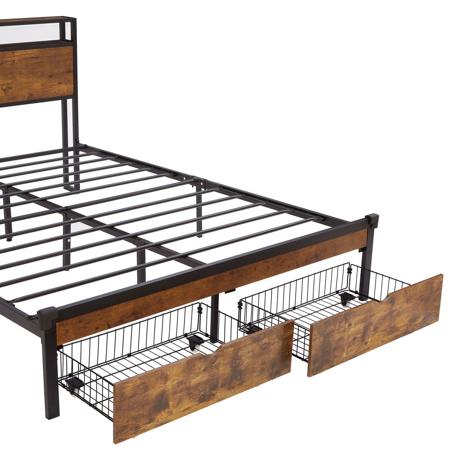 Modern Metal Platform Bed Frame With Wooden Headboard And Footboard, USB Charging Station, LED Lights, 2 Drawers - The Sleep Loft - Online Mattress Showroom NYC