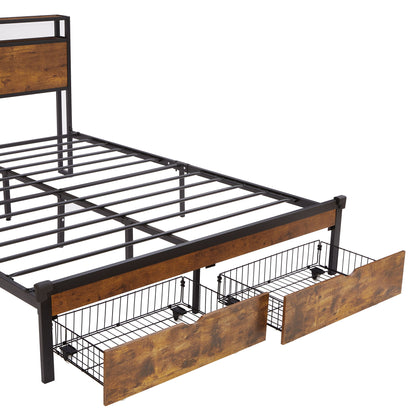 Modern Metal Platform Bed Frame With Wooden Headboard And Footboard, USB Charging Station, LED Lights, 2 Drawers - The Sleep Loft - Online Mattress Showroom NYC