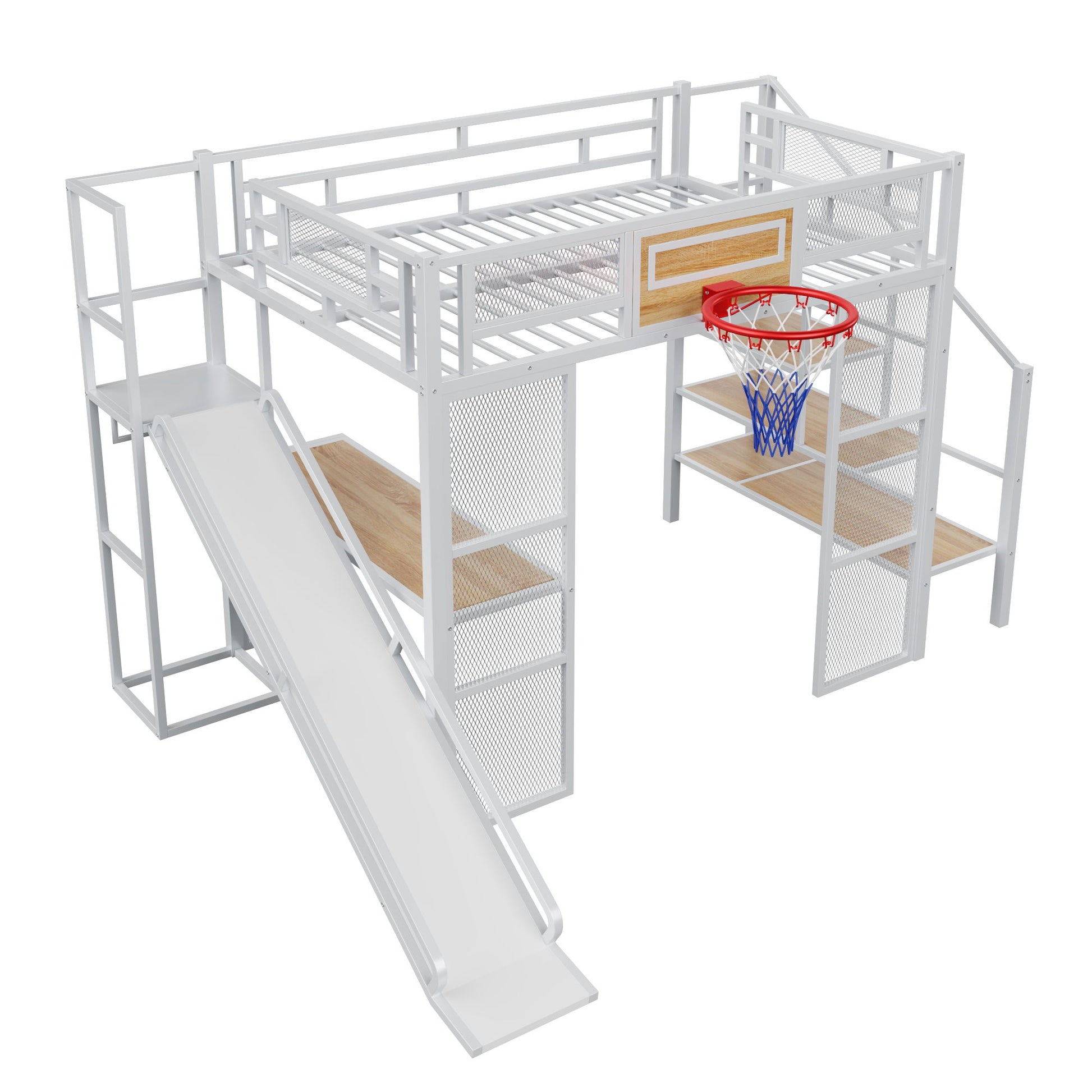 Loft Bed With Built In Desk, Open Wardrobe, Basketball Hoop, Slide And Staircase - The Sleep Loft - Online Mattress Showroom NYC