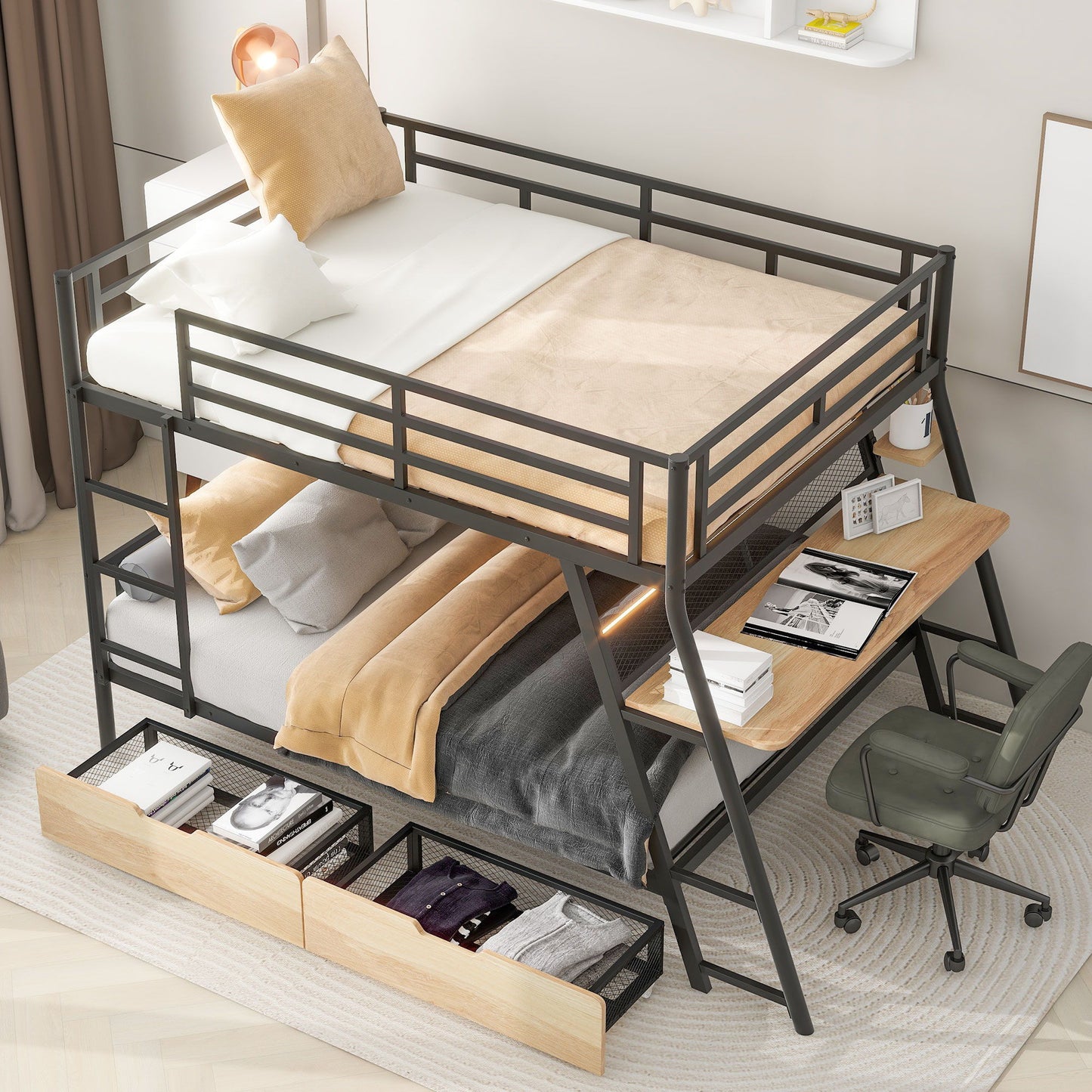 Full Size Bunk Bed With Built In Desk, Light, And 2 Drawers - Black - The Sleep Loft - Online Mattress Showroom NYC