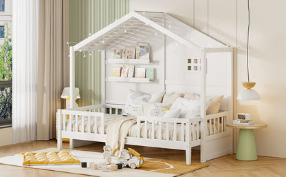 House Bed With Shelves, Window And Sparkling Light Strip On The Roof - The Sleep Loft - Online Mattress Showroom NYC