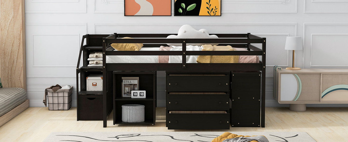 Loft Bed With Retractable Writing Desk And 3 Drawers With Storage Stairs And Shelves - The Sleep Loft - Online Mattress Showroom NYC