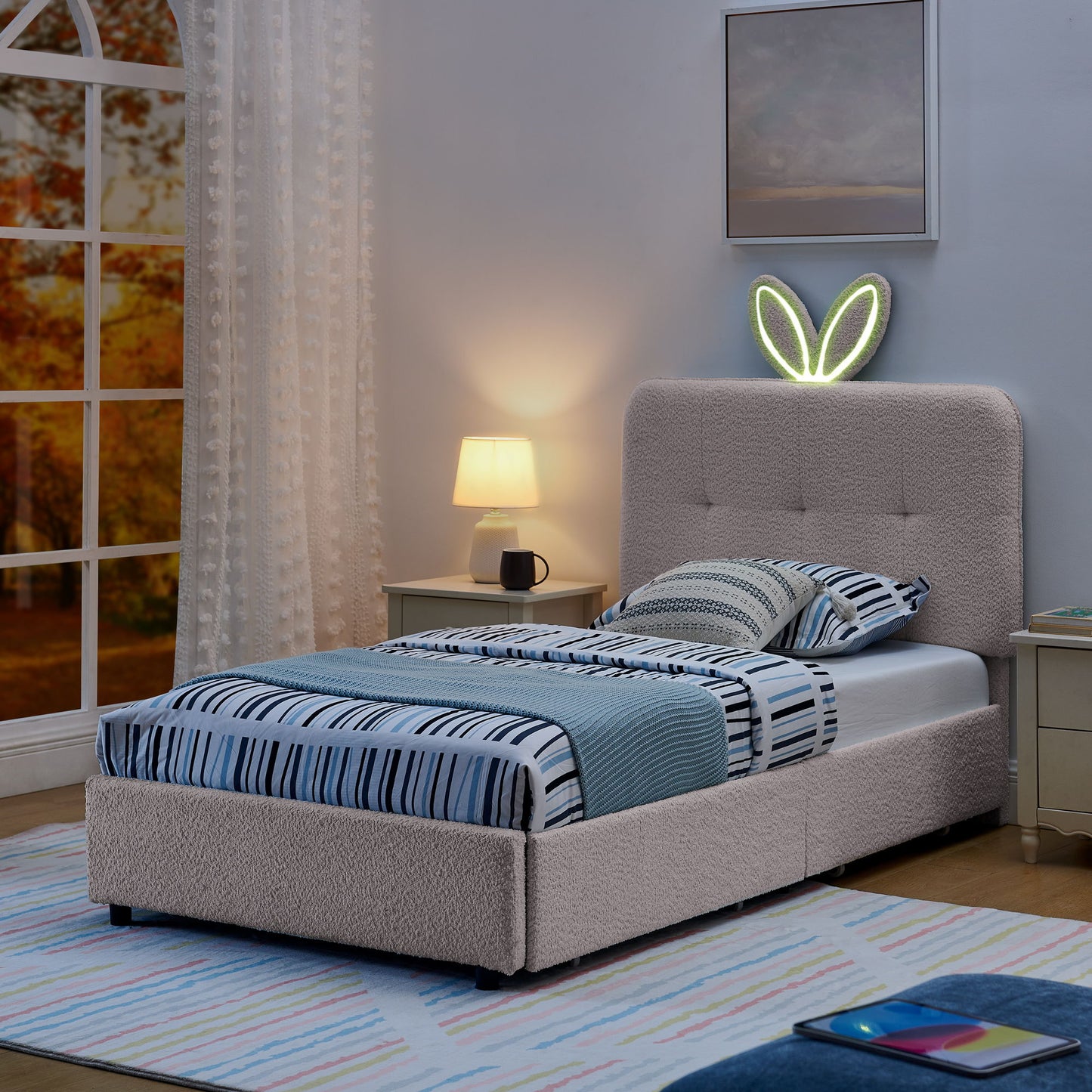Upholstered Bed With Oversized Rabbit Ear Headboard, LED Lights & 4 Storage Drawers - The Sleep Loft - Online Mattress Showroom NYC