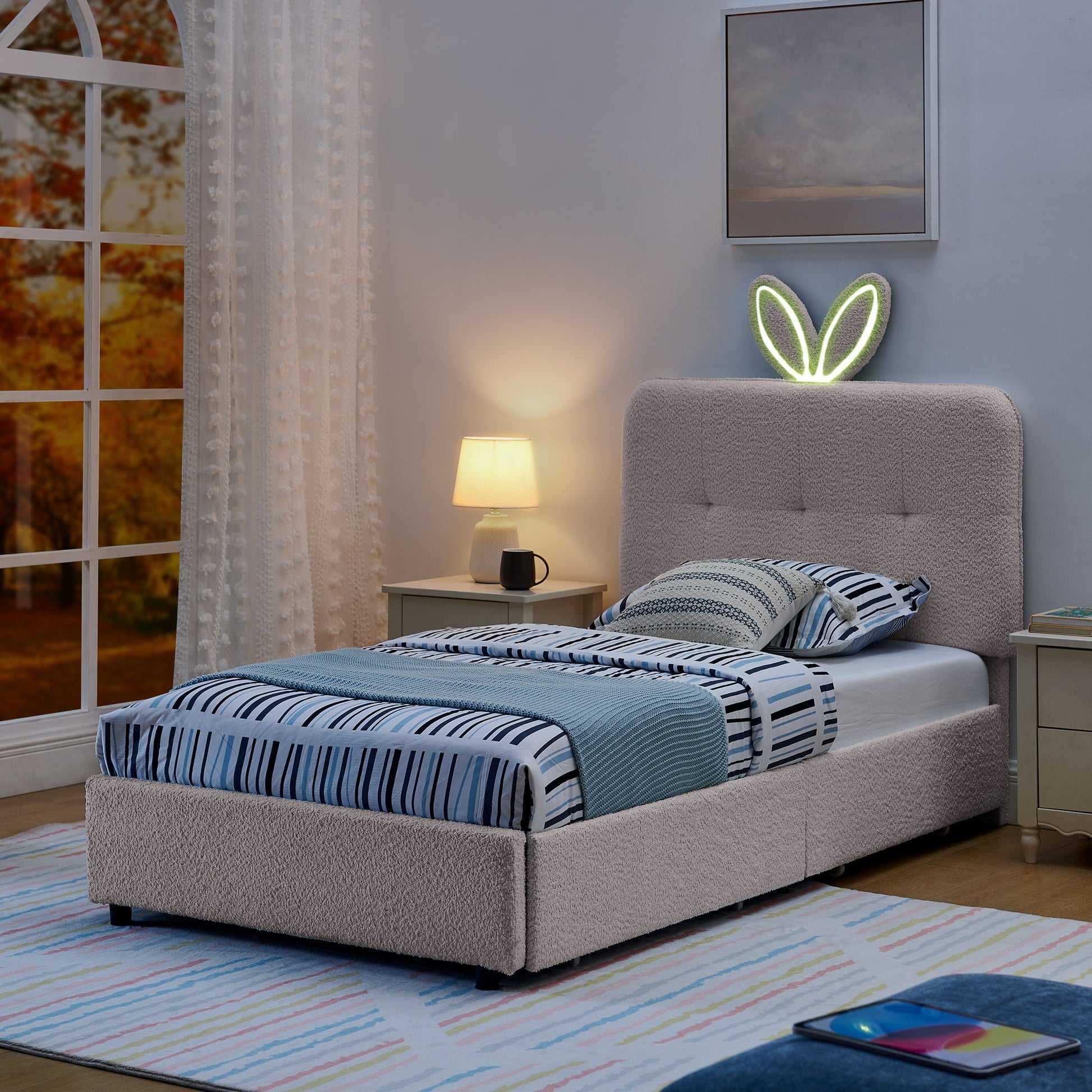 Upholstered Bed With Oversized Rabbit Ear Headboard, LED Lights & 4 Storage Drawers - The Sleep Loft - Online Mattress Showroom NYC