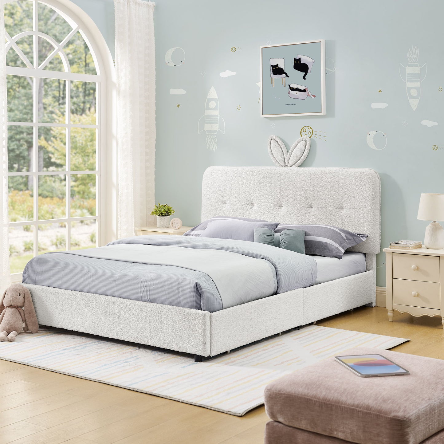 Upholstered Bed With Oversized Rabbit Ear Headboard, LED Lights & 4 Storage Drawers - The Sleep Loft - Online Mattress Showroom NYC