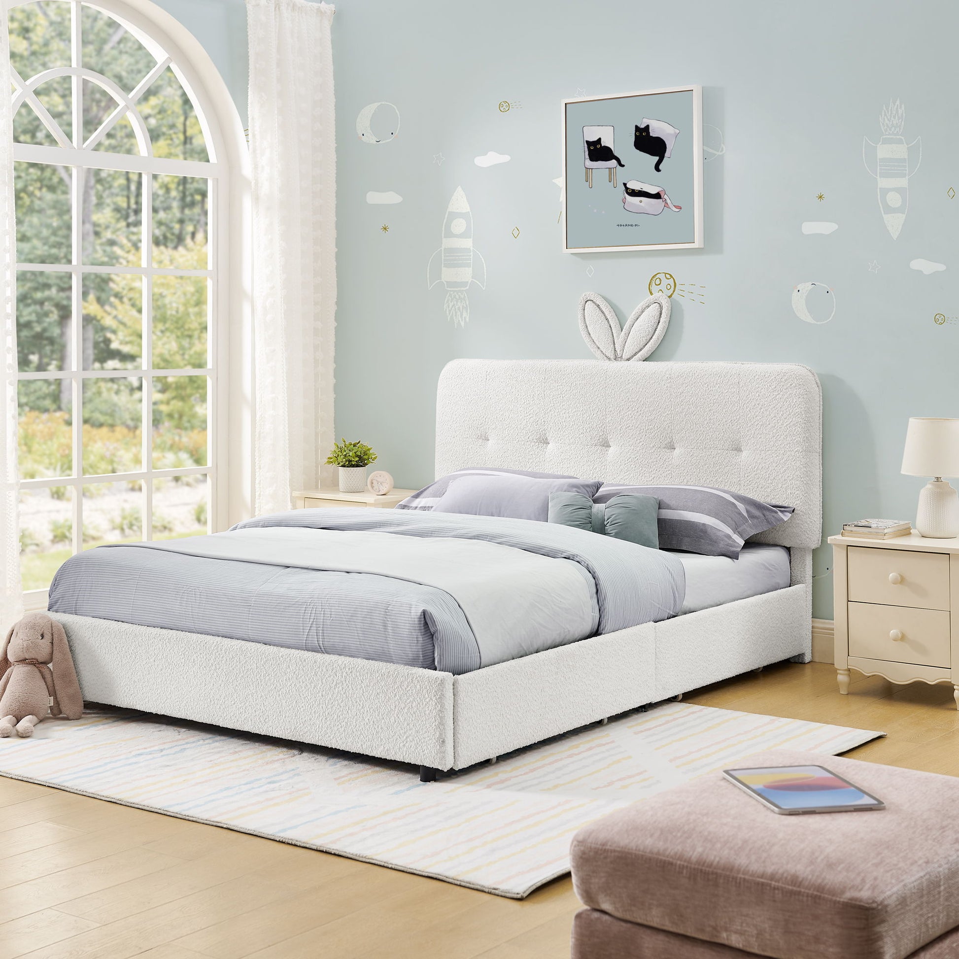 Upholstered Bed With Oversized Rabbit Ear Headboard, LED Lights & 4 Storage Drawers - The Sleep Loft - Online Mattress Showroom NYC