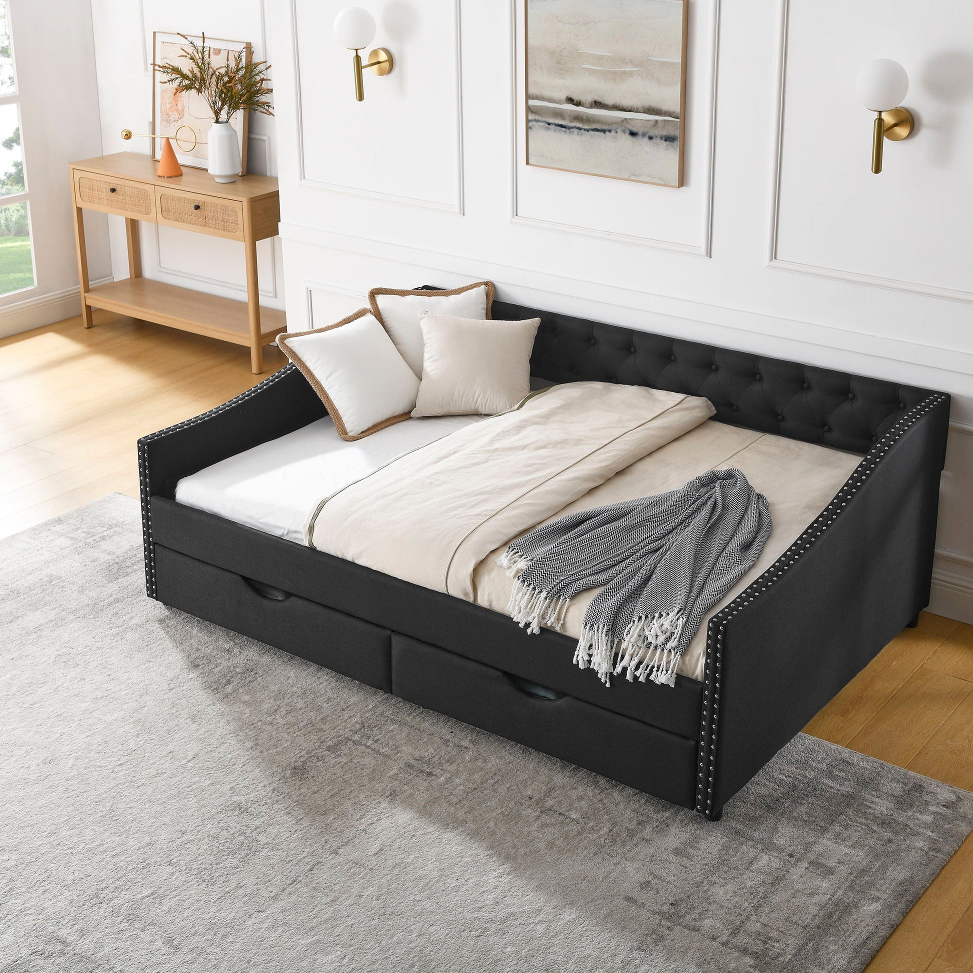 Upholstered Tufted Daybed With 2 Drawers, Waved Arms - The Sleep Loft - Online Mattress Showroom NYC