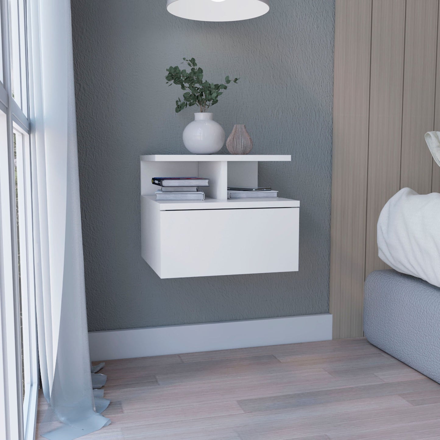 Floating Nightstand Wall Mounted With Single Drawer And 2 Tier Shelf - White - The Sleep Loft - Online Mattress Showroom NYC
