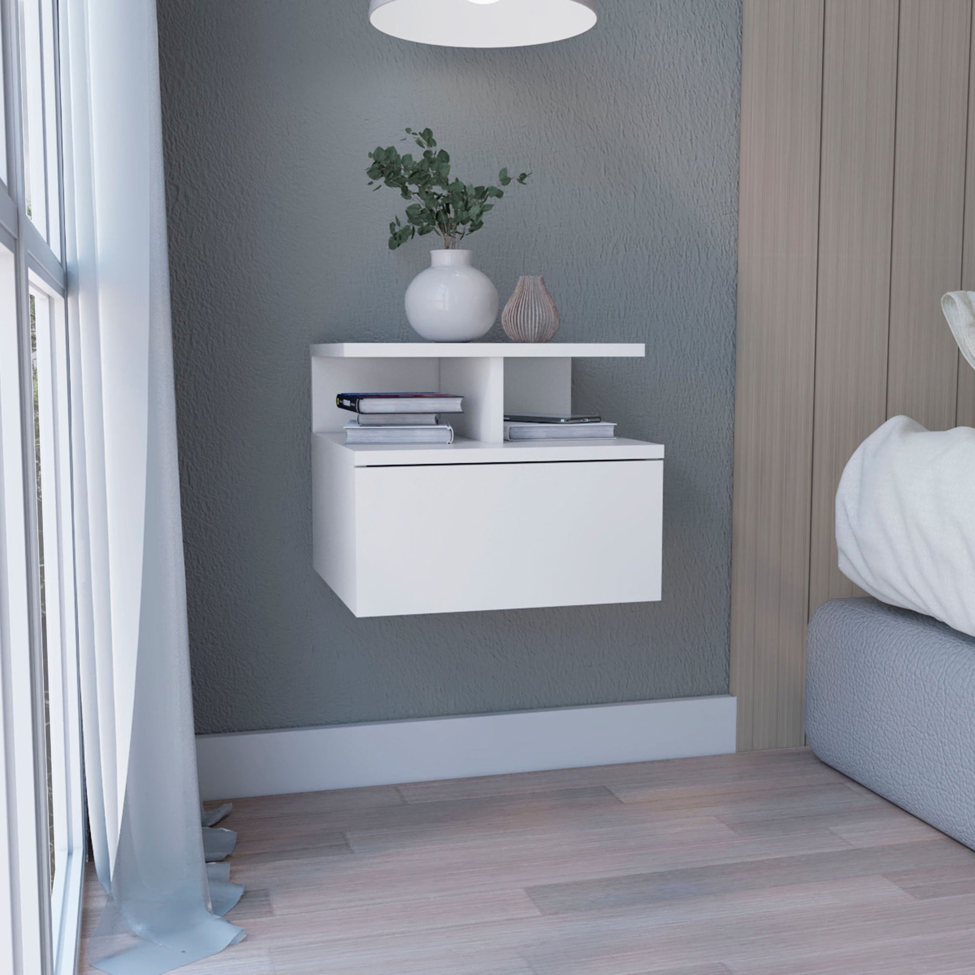 Floating Nightstand Wall Mounted With Single Drawer And 2 Tier Shelf - White - The Sleep Loft - Online Mattress Showroom NYC