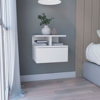 Floating Nightstand Wall Mounted With Single Drawer And 2 Tier Shelf - White - The Sleep Loft - Online Mattress Showroom NYC