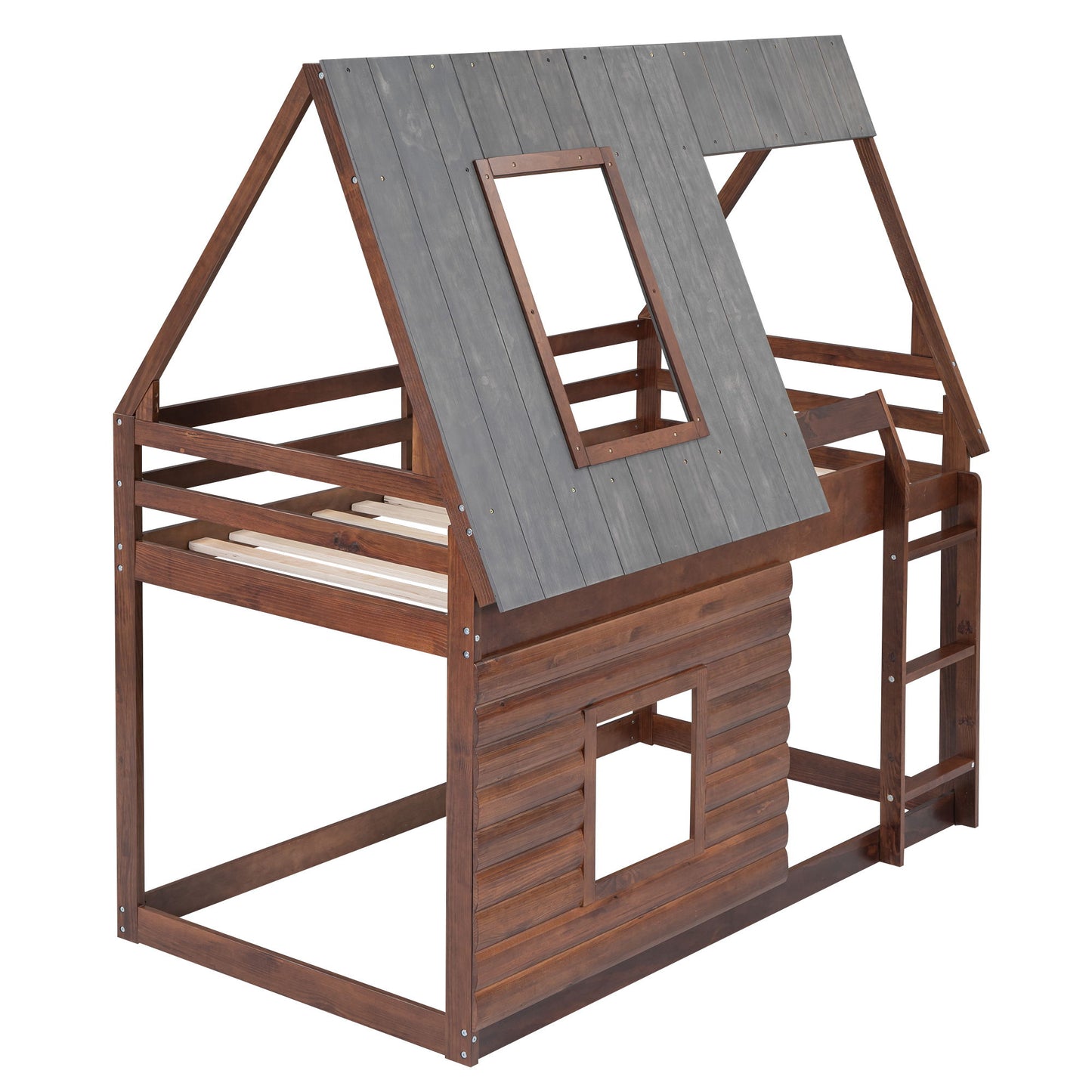 Wood Twin Size House Bunk Bed With Roof, Ladder And 2 Windows - Oak & Smoky Gray - The Sleep Loft - Online Mattress Showroom NYC