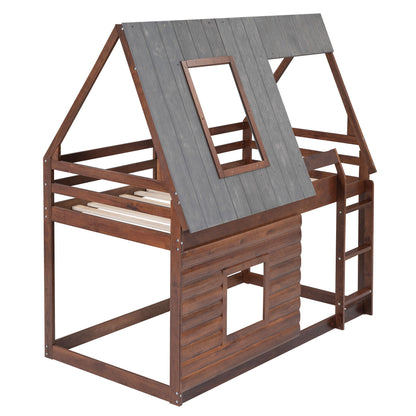Wood Twin Size House Bunk Bed With Roof, Ladder And 2 Windows - Oak & Smoky Gray - The Sleep Loft - Online Mattress Showroom NYC