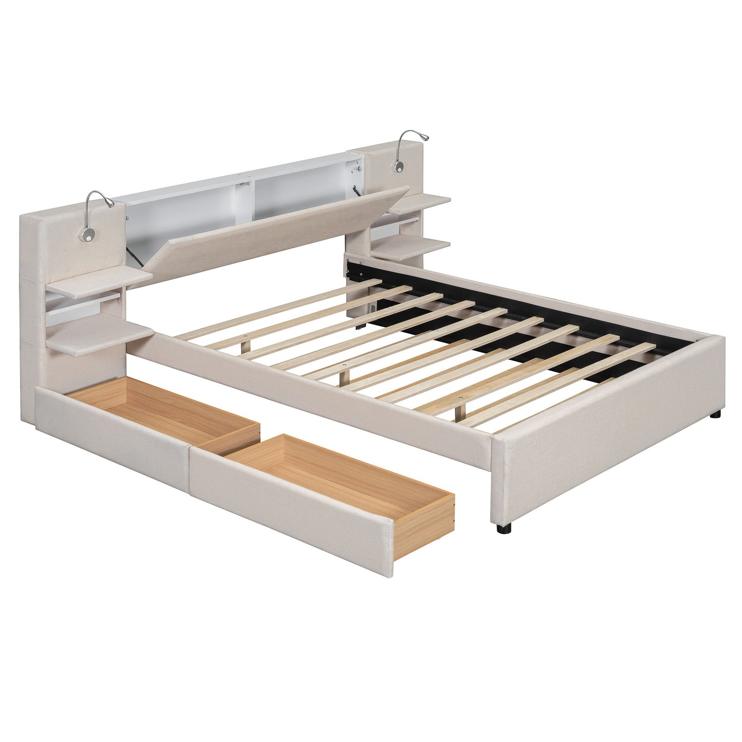 Upholstered Platform Bed With Reading Lights, Drawers, Trundle And Shelves - The Sleep Loft - Online Mattress Showroom NYC