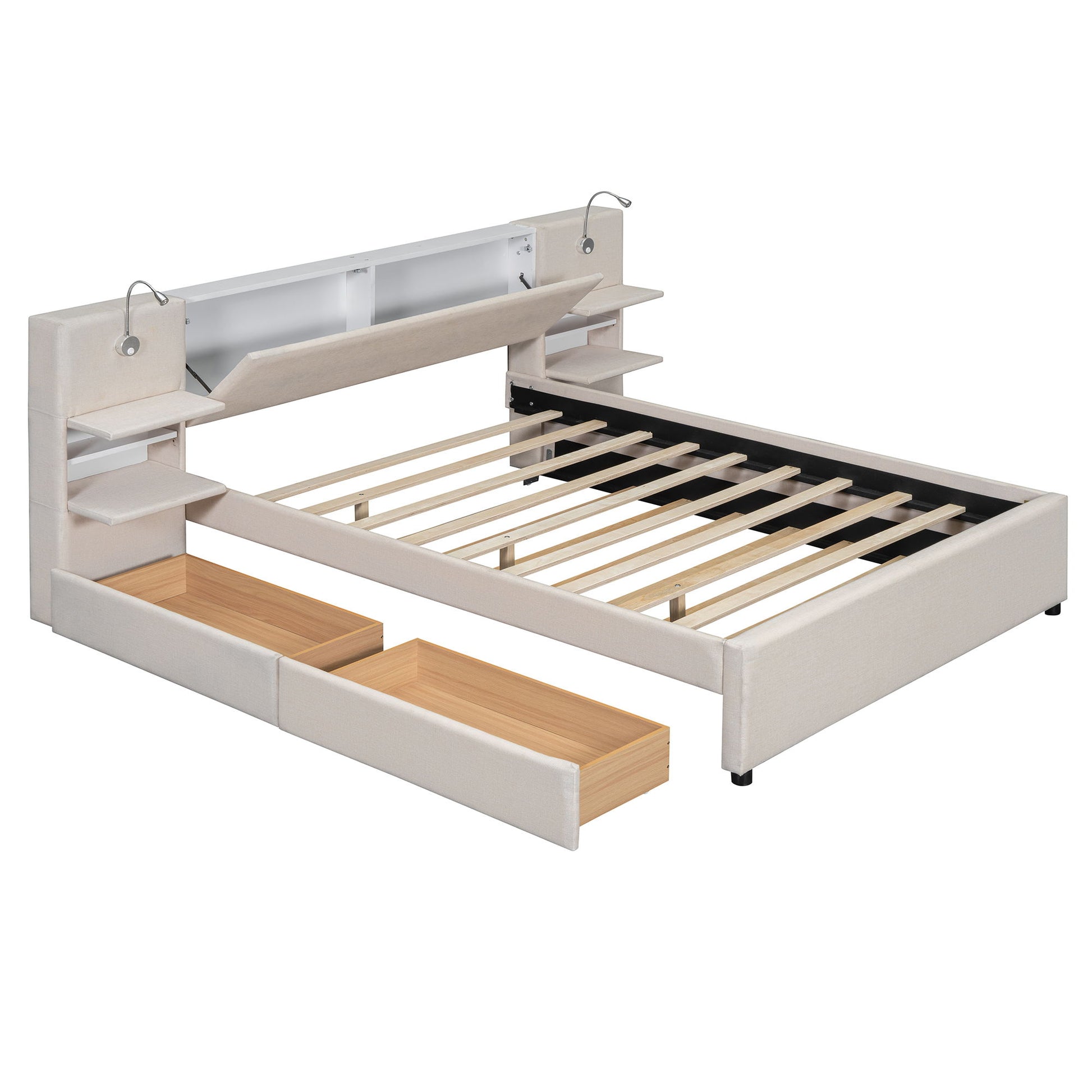 Upholstered Platform Bed With Reading Lights, Drawers, Trundle And Shelves - The Sleep Loft - Online Mattress Showroom NYC