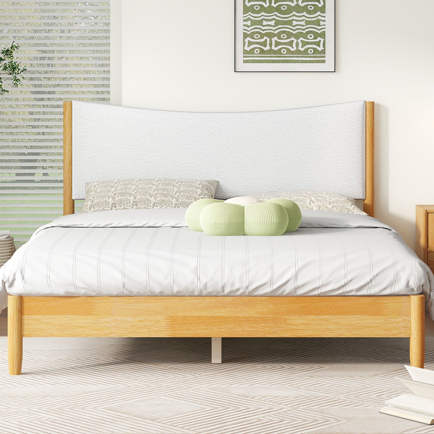 Queen Size Rubber Wooden, Solid Wooden Bed With Teddy Velvet Cushion Upholstered Headboard, Enhanced By Support Feet - Natural - The Sleep Loft - Online Mattress Showroom NYC