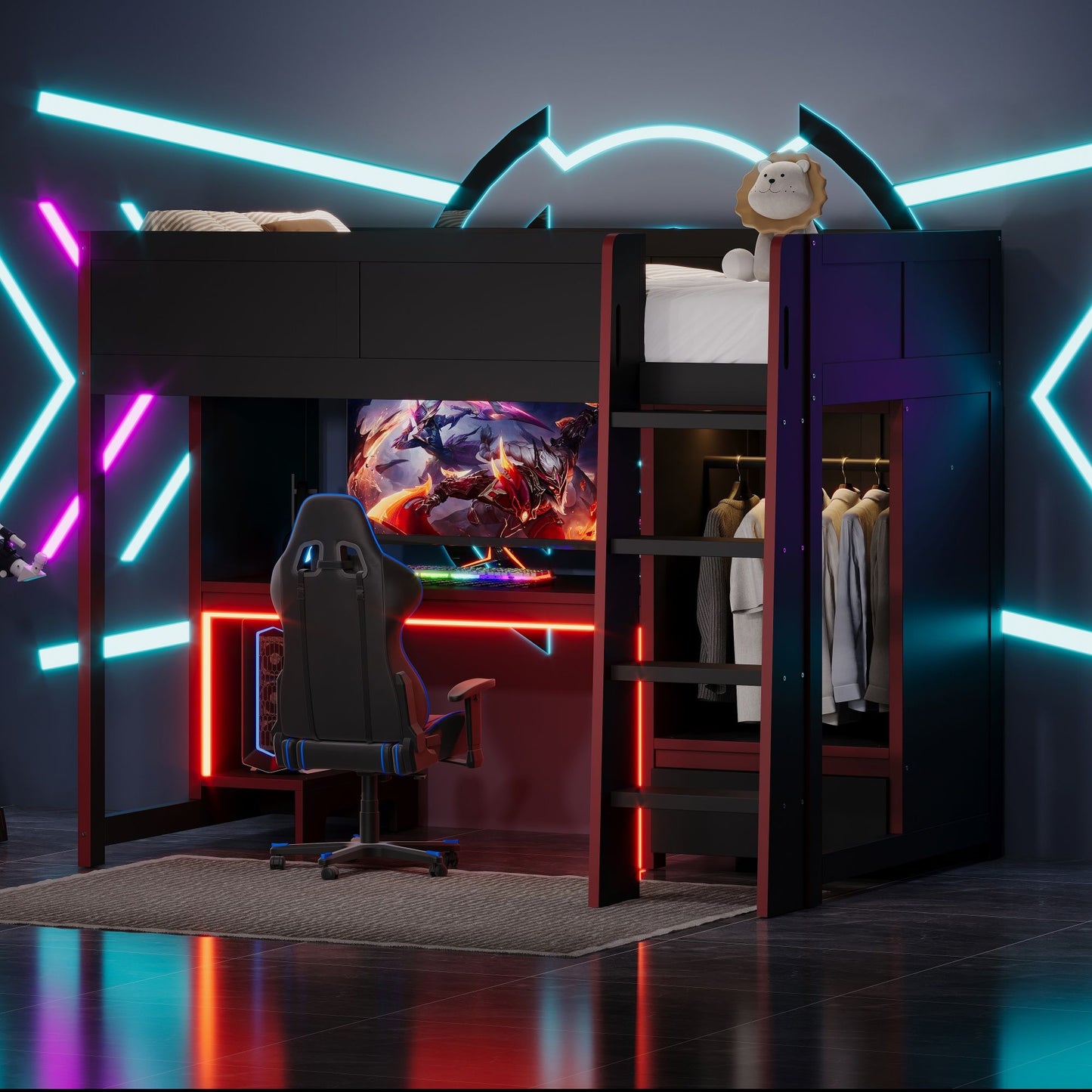 Gaming Loft Bed With Built In Desk, Wardrobe, LED Lighting And Drawer - The Sleep Loft - Online Mattress Showroom NYC