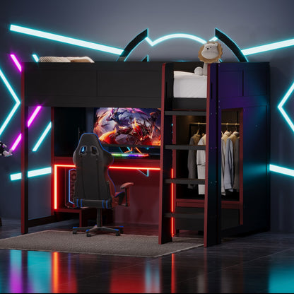 Gaming Loft Bed With Built In Desk, Wardrobe, LED Lighting And Drawer - The Sleep Loft - Online Mattress Showroom NYC