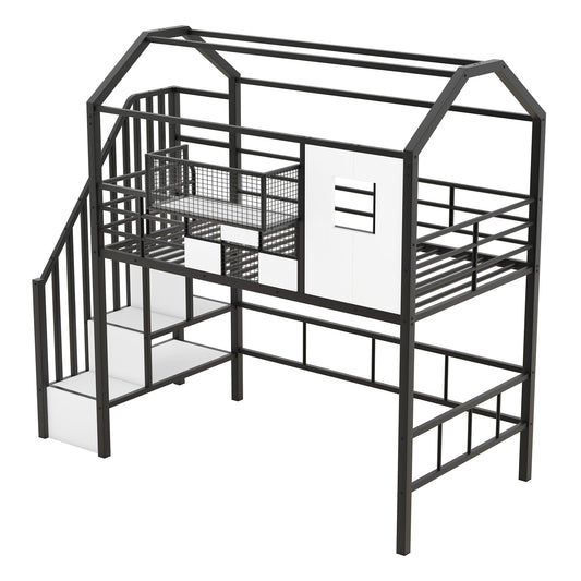 Metal Loft Bed With Roof Design And Storage Box With Guardrails And Integrated Ladder - The Sleep Loft - Online Mattress Showroom NYC