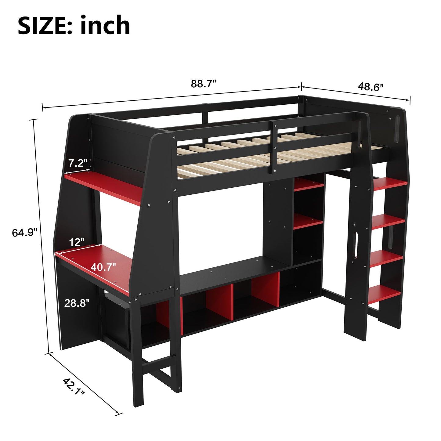 Gaming Loft Bed With Desk, Multi Storage Shelves, LED Lighting, And Hanging Clothes Rack - The Sleep Loft - Online Mattress Showroom NYC