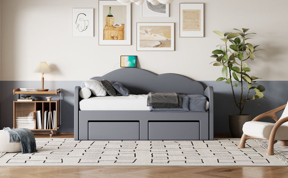 Upholstered Daybed With Cloud-Shaped Backrest, Trundle & 2 Drawers And USB Ports - The Sleep Loft - Online Mattress Showroom NYC