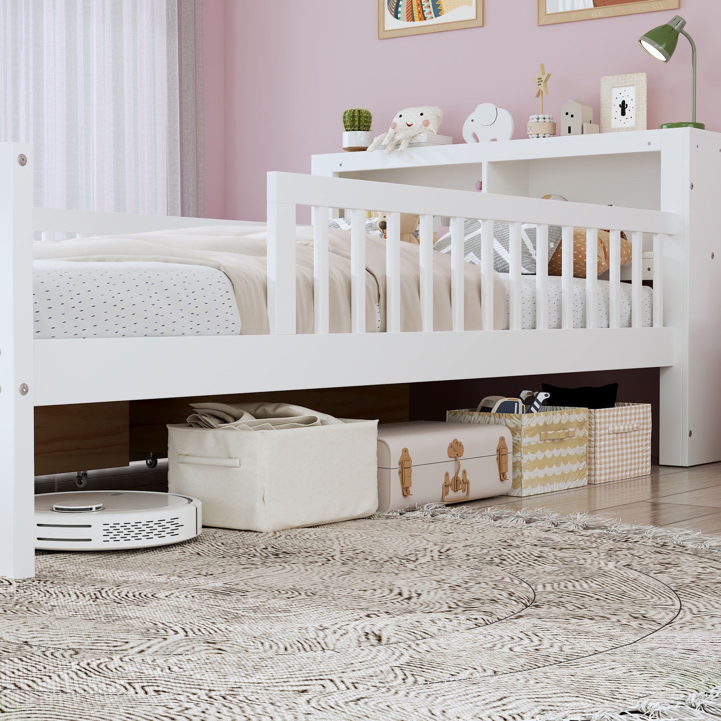 Bed With Headboard Storage Rack, 2 Under Bed Drawers, 3 Side Guardrails For Safety - The Sleep Loft - Online Mattress Showroom NYC