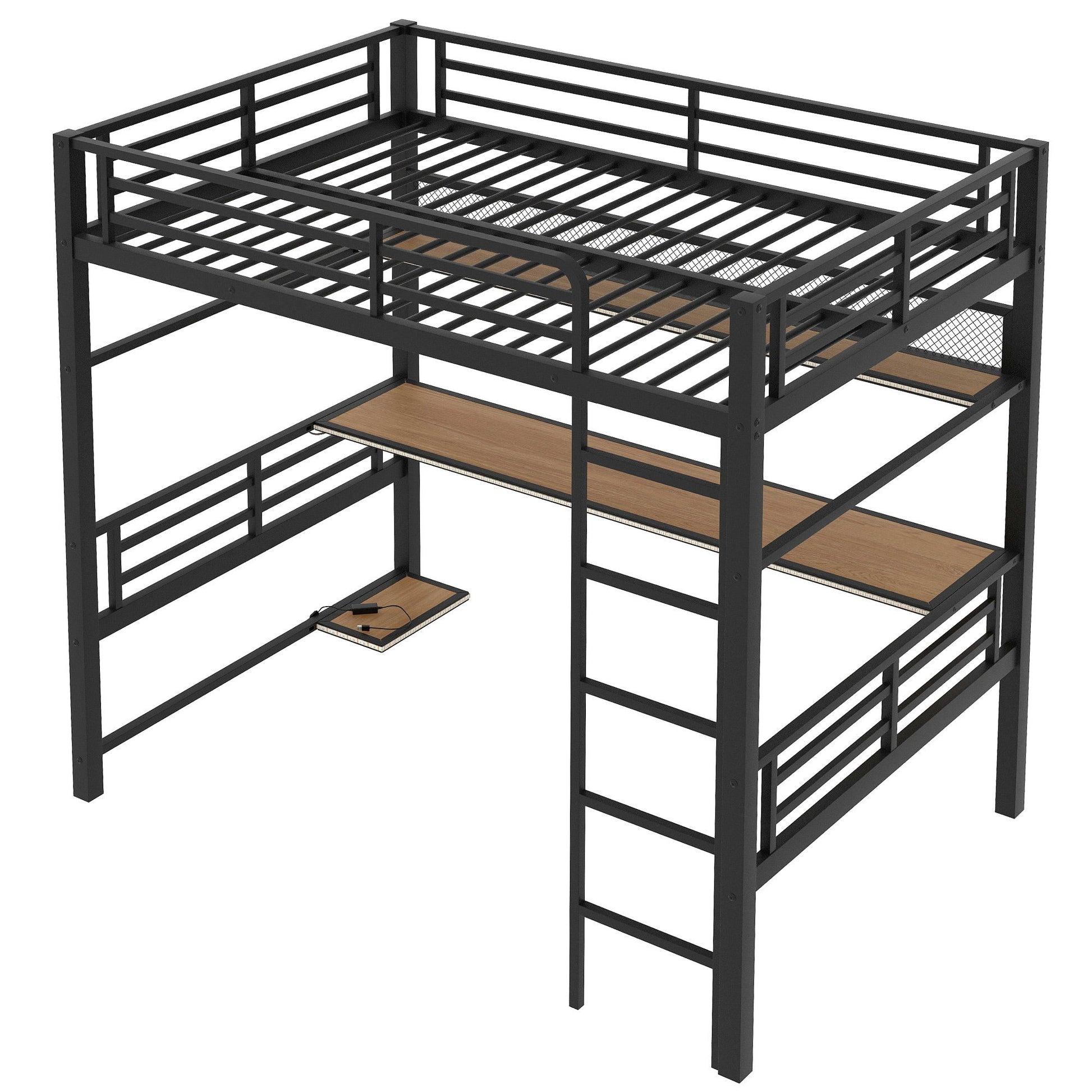 Full Size Loft Bed Frame With Storage Shelf And LED Light - Black - The Sleep Loft - Online Mattress Showroom NYC
