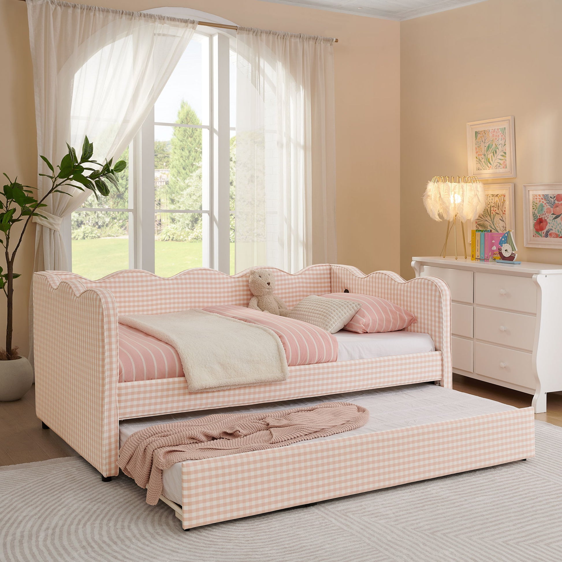Gingham Daybed With USB Charging Port, Wave Shaped Design - The Sleep Loft - Online Mattress Showroom NYC