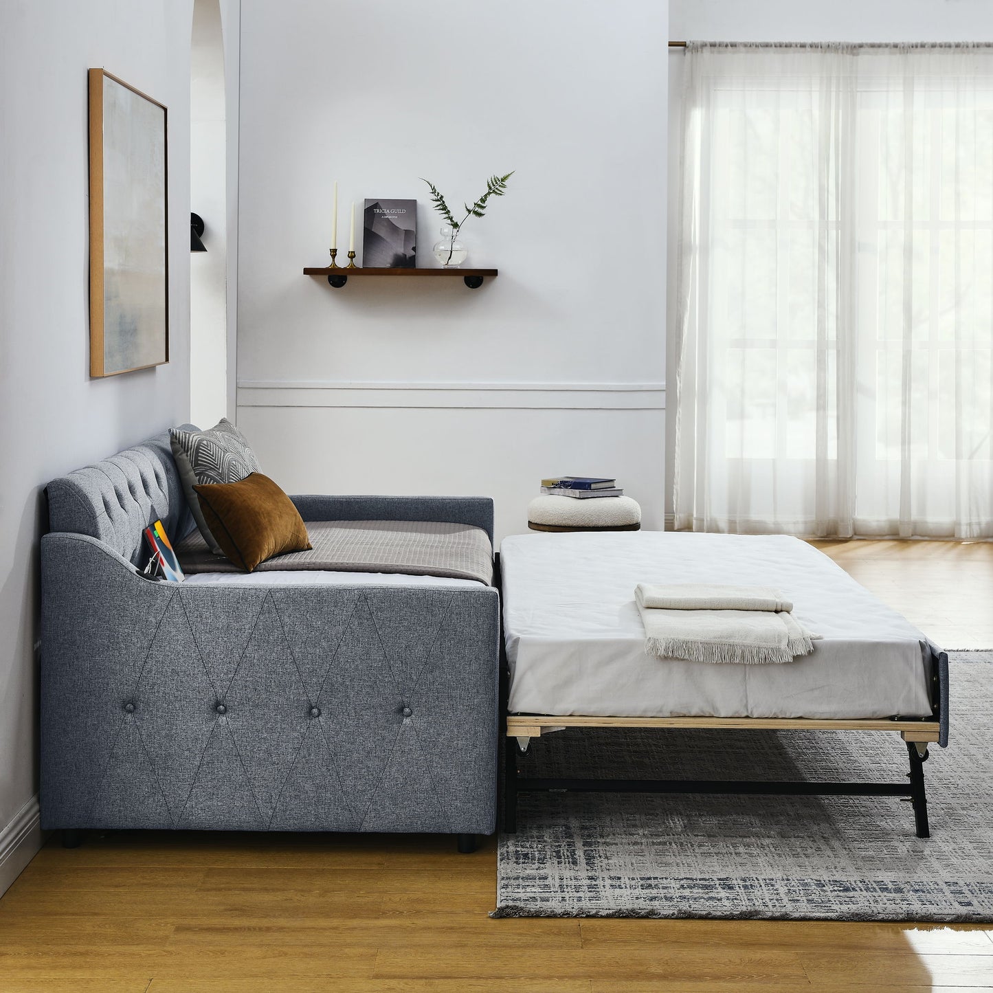 Size Upholstered Daybed With Trundle And USB Charging Armrest - The Sleep Loft - Online Mattress Showroom NYC