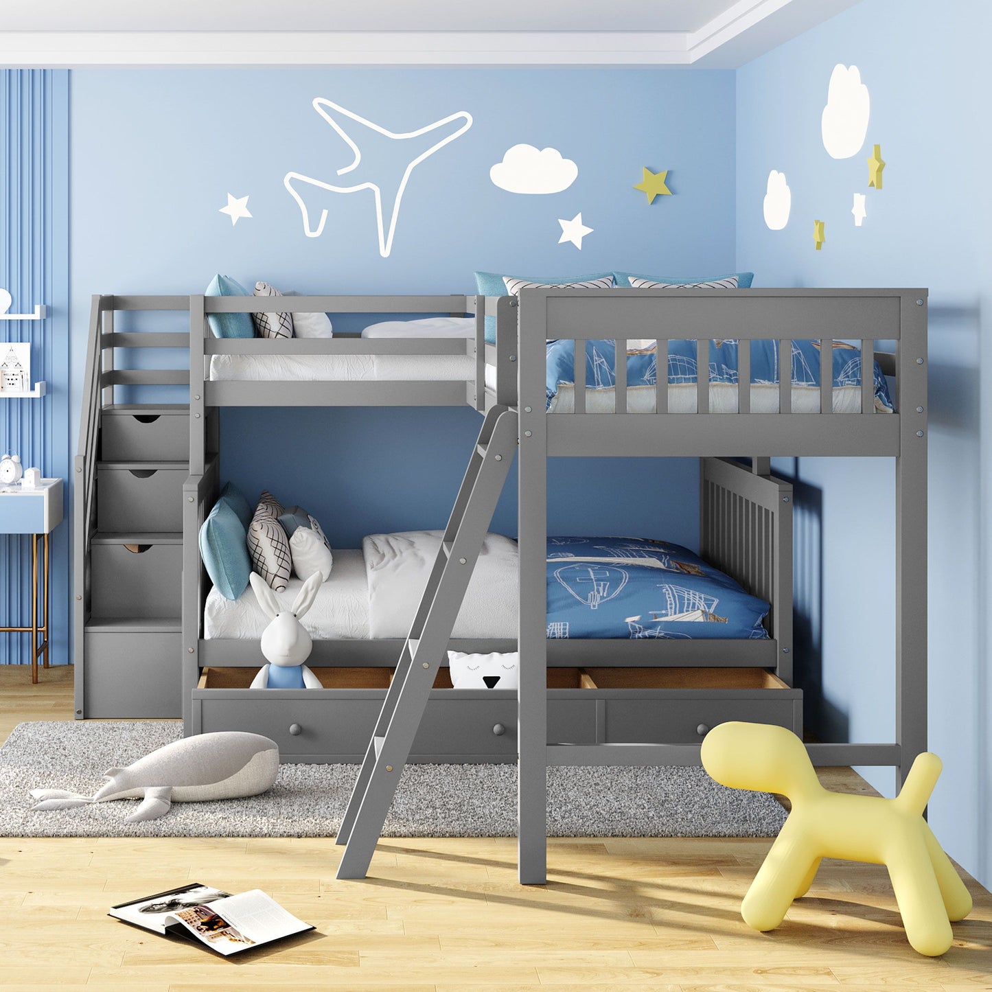 Solid L Shaped Bunk Bed With 3 Drawers, Ladder And Staircase - The Sleep Loft - Online Mattress Showroom NYC