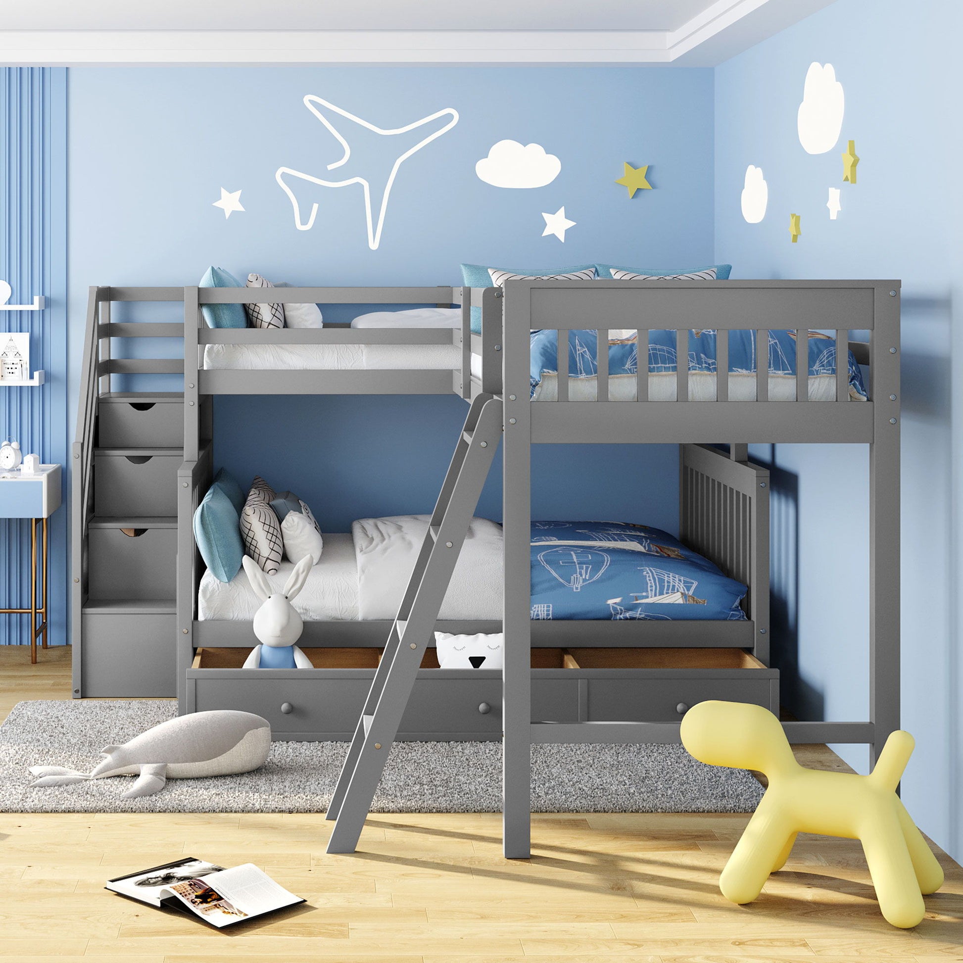 Solid L Shaped Bunk Bed With 3 Drawers, Ladder And Staircase - The Sleep Loft - Online Mattress Showroom NYC