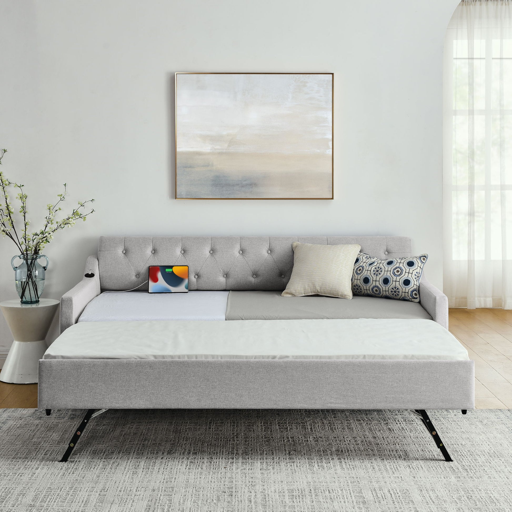 Size Upholstered Daybed With Trundle And USB Charging Armrest - The Sleep Loft - Online Mattress Showroom NYC