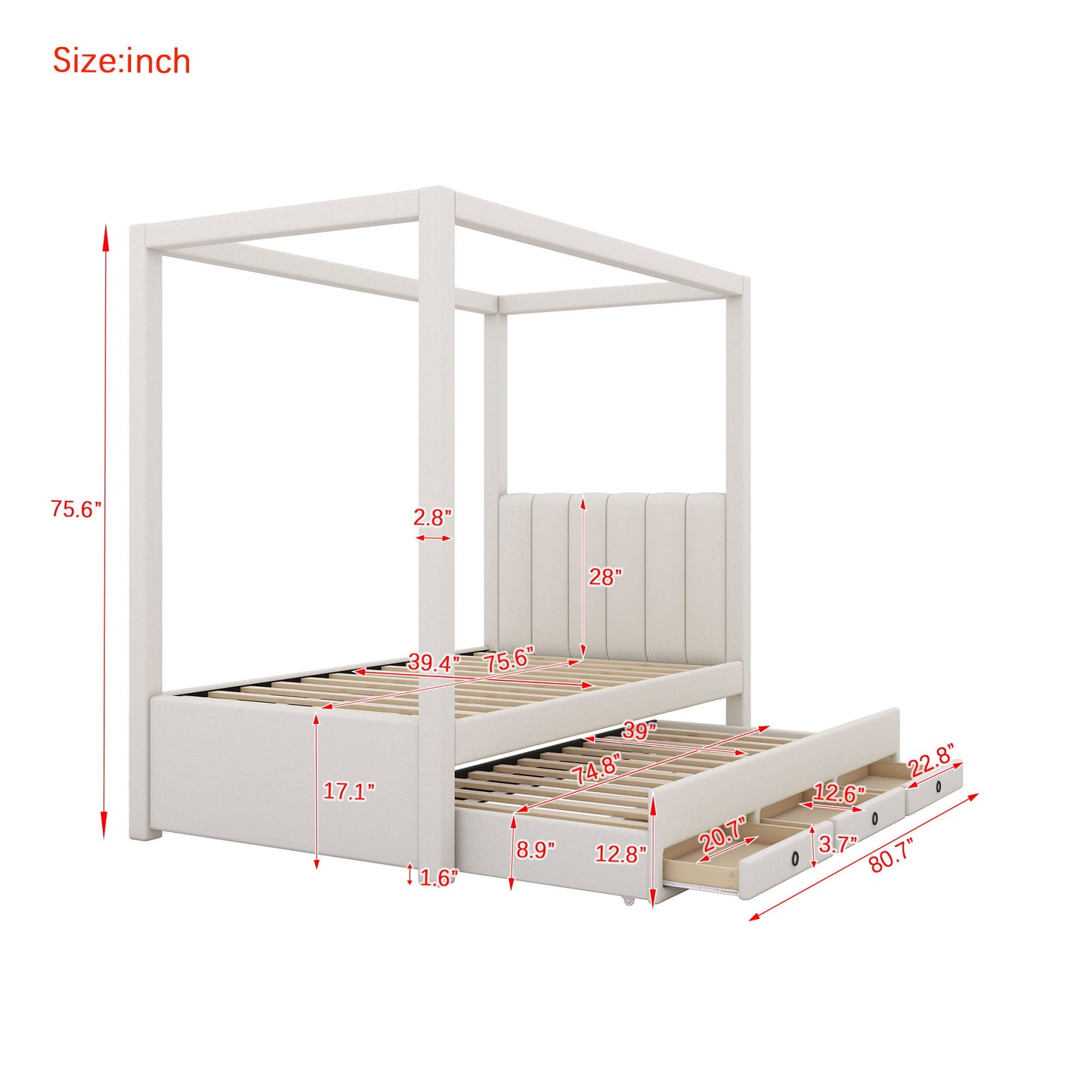 Upholstery Canopy Platform Bed With Trundle And Three Storage Drawers - The Sleep Loft - Online Mattress Showroom NYC