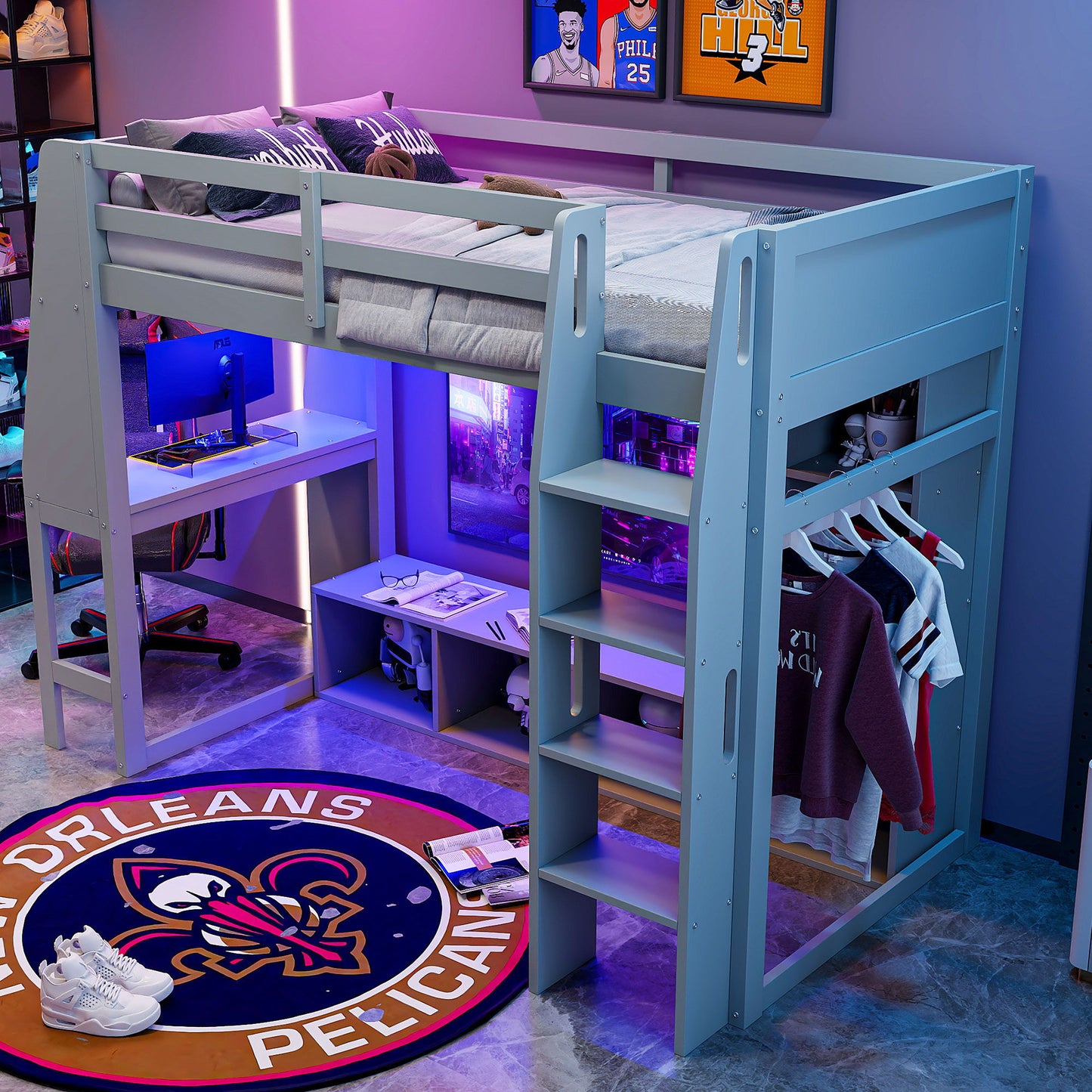 Gaming Loft Bed With Desk, Multi Storage Shelves, LED Lighting, And Hanging Clothes Rack - The Sleep Loft - Online Mattress Showroom NYC