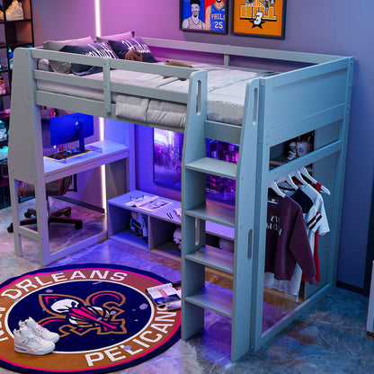 Gaming Loft Bed With Desk, Multi Storage Shelves, LED Lighting, And Hanging Clothes Rack - The Sleep Loft - Online Mattress Showroom NYC