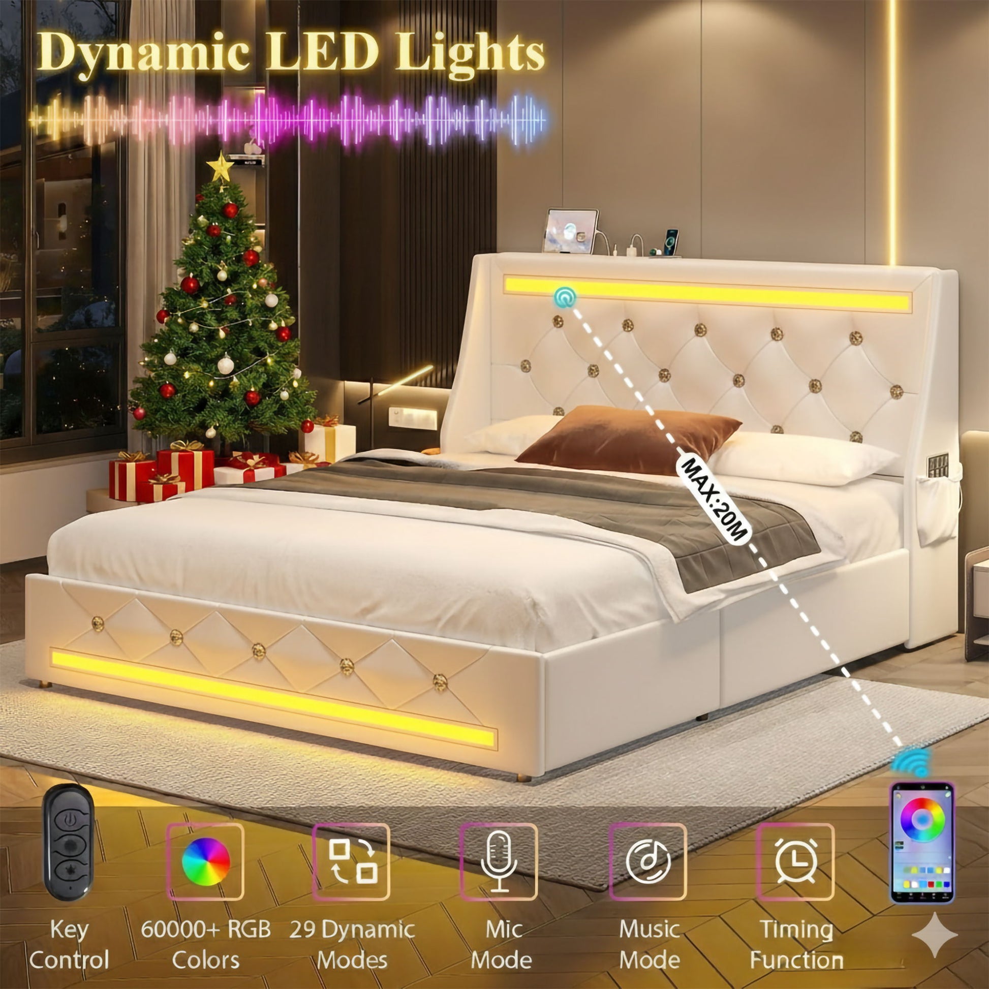 Wingback Upholstered Bed Frame With LED Lights, Charging Station - The Sleep Loft - Online Mattress Showroom NYC