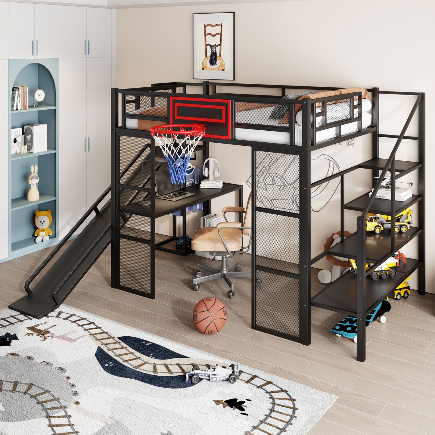 Loft Bed With Built In Desk, Open Wardrobe, Basketball Hoop, Slide And Staircase - The Sleep Loft - Online Mattress Showroom NYC