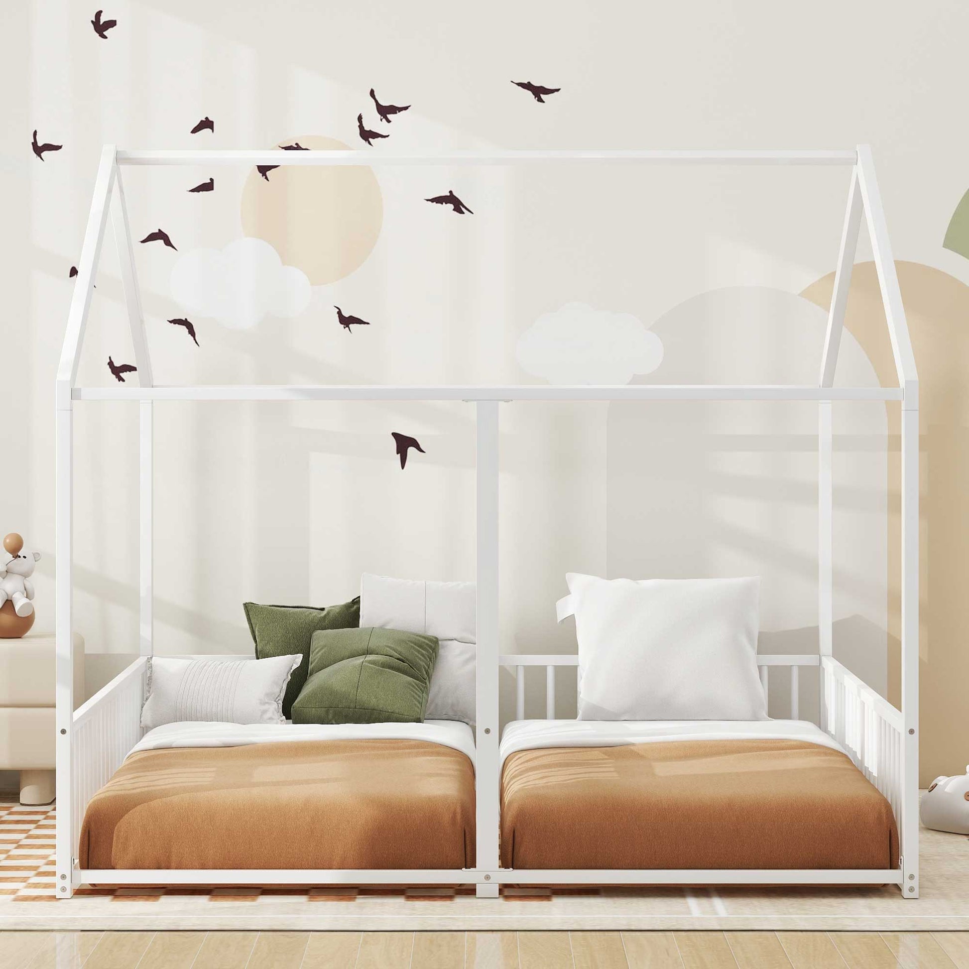 Metal Twin Size House Platform Beds 2 Shared Beds - Antique White - The Sleep Loft - Online Mattress Showroom NYC
