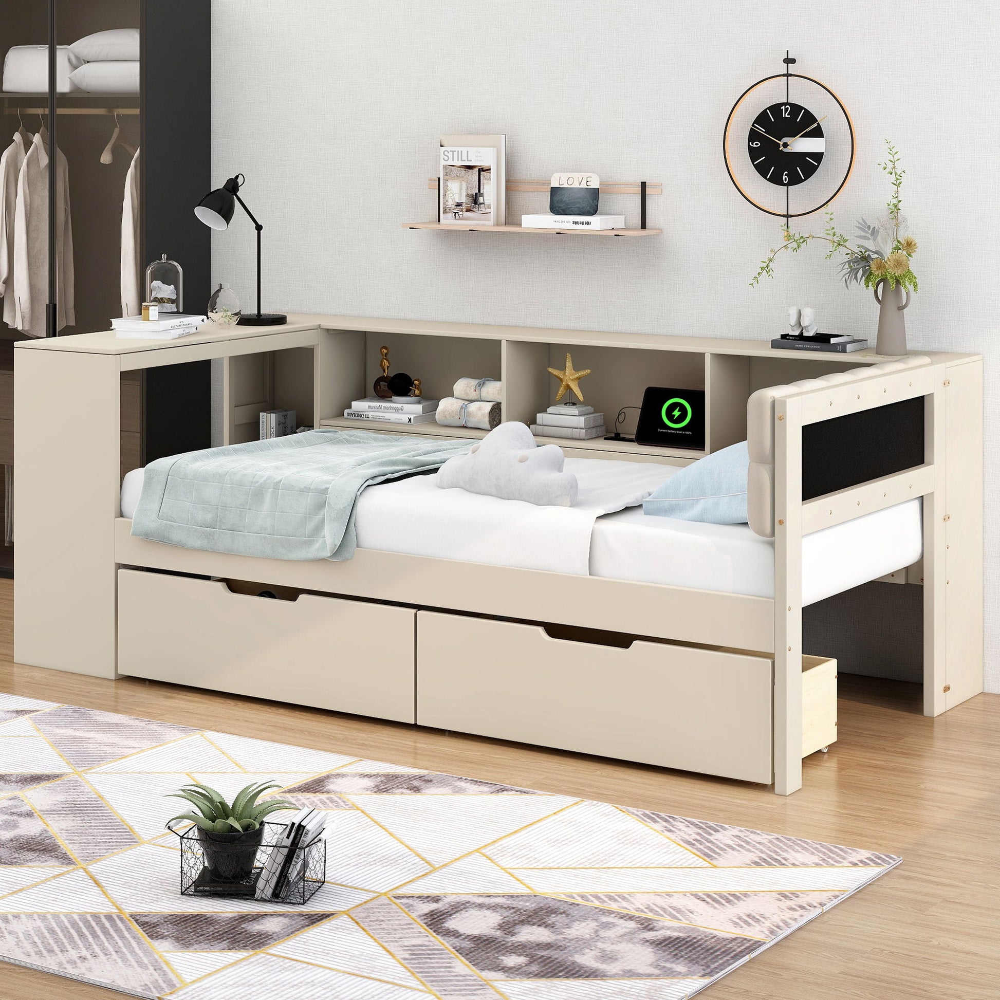 Upholstered Headboard Platform Bed With Storage Shelves, Drawers, Charging Station - The Sleep Loft - Online Mattress Showroom NYC
