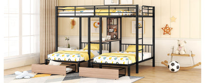 Triple Bunk Bed With Drawers, Multi-Functional Frame With Desks And Shelves In The Middle - The Sleep Loft - Online Mattress Showroom NYC