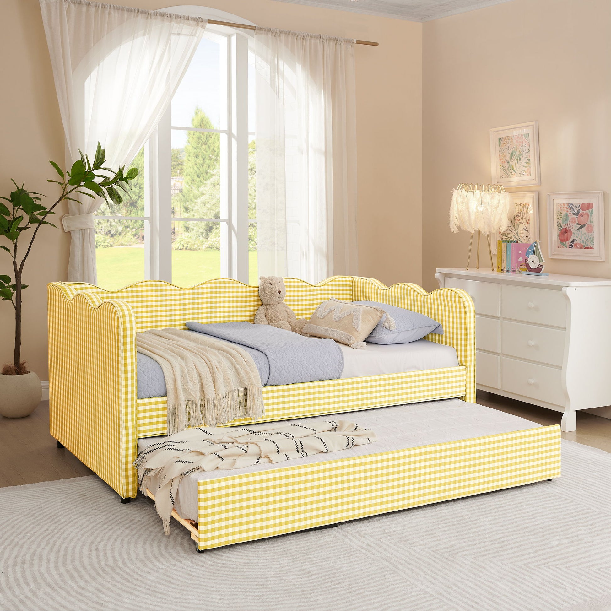 Gingham Daybed With USB Charging Port, Wave-Shaped Design - The Sleep Loft - Online Mattress Showroom NYC