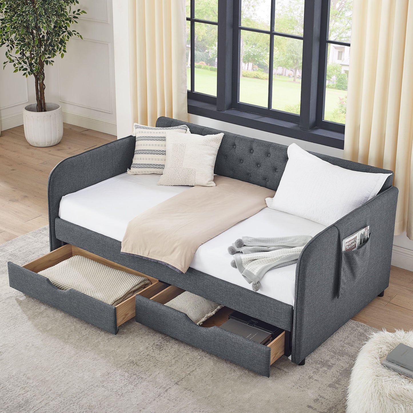 Daybed With Trundle And Storage Drawers, Flat Arms With Pocket - The Sleep Loft - Online Mattress Showroom NYC
