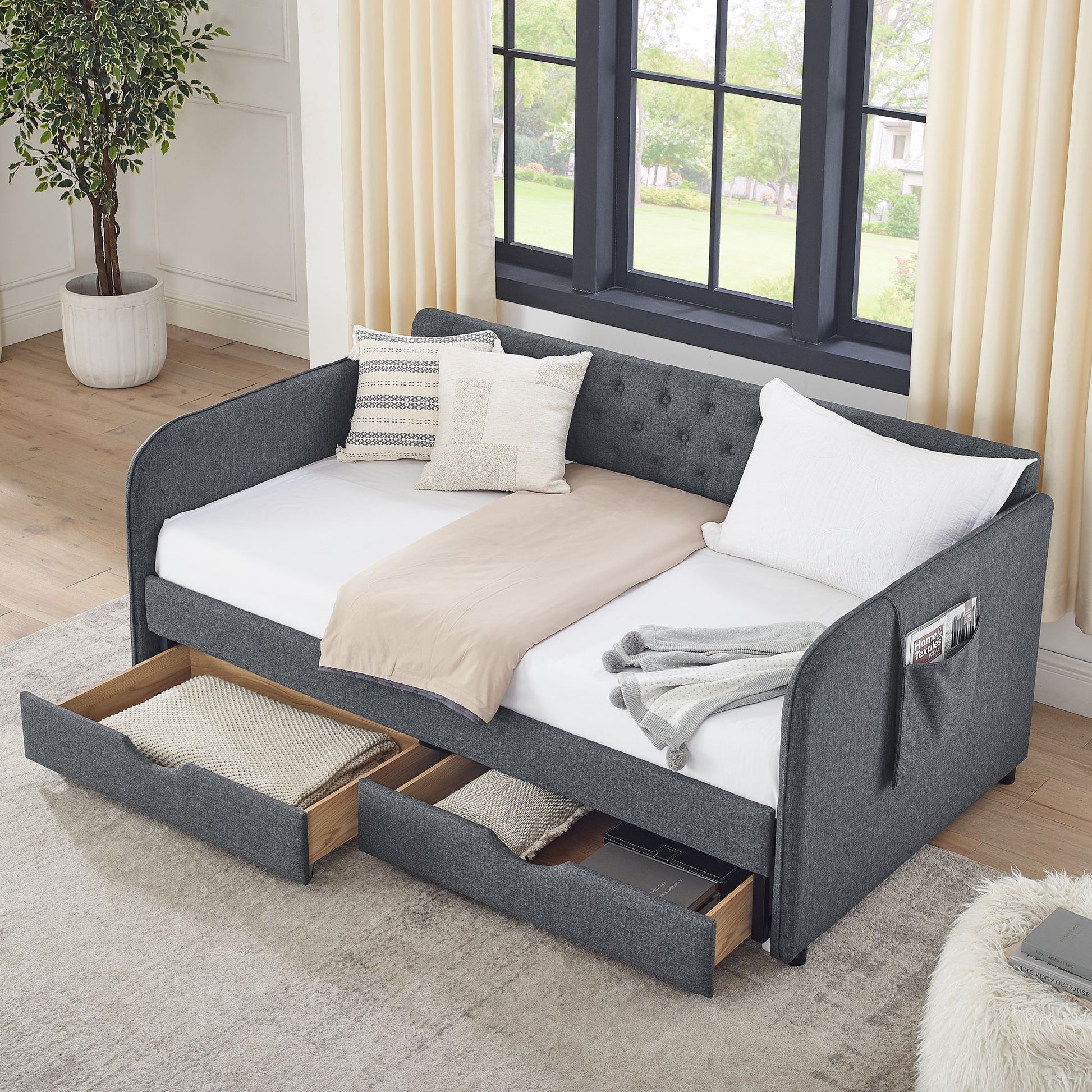 Daybed With Trundle And Storage Drawers, Flat Arms With Pocket - The Sleep Loft - Online Mattress Showroom NYC